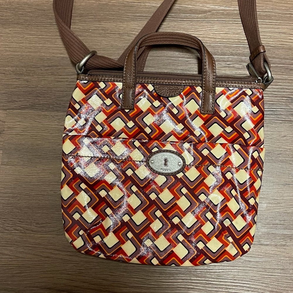 Fossil Keyper Coated Canvas Crossbody Bag Geometric Purple Red